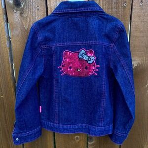 Hello Kitty Girls Denim Jean Jacket Size 6  Pink Sequin Back Graphic Sanrio